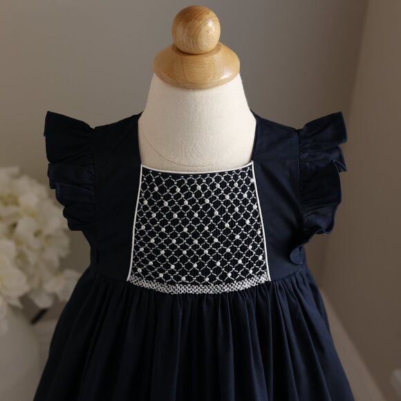 Navy Smocked Dress Flutter Sleeve Feltman Brothers Size 18 Months New With Tags - Picture 4 of 5